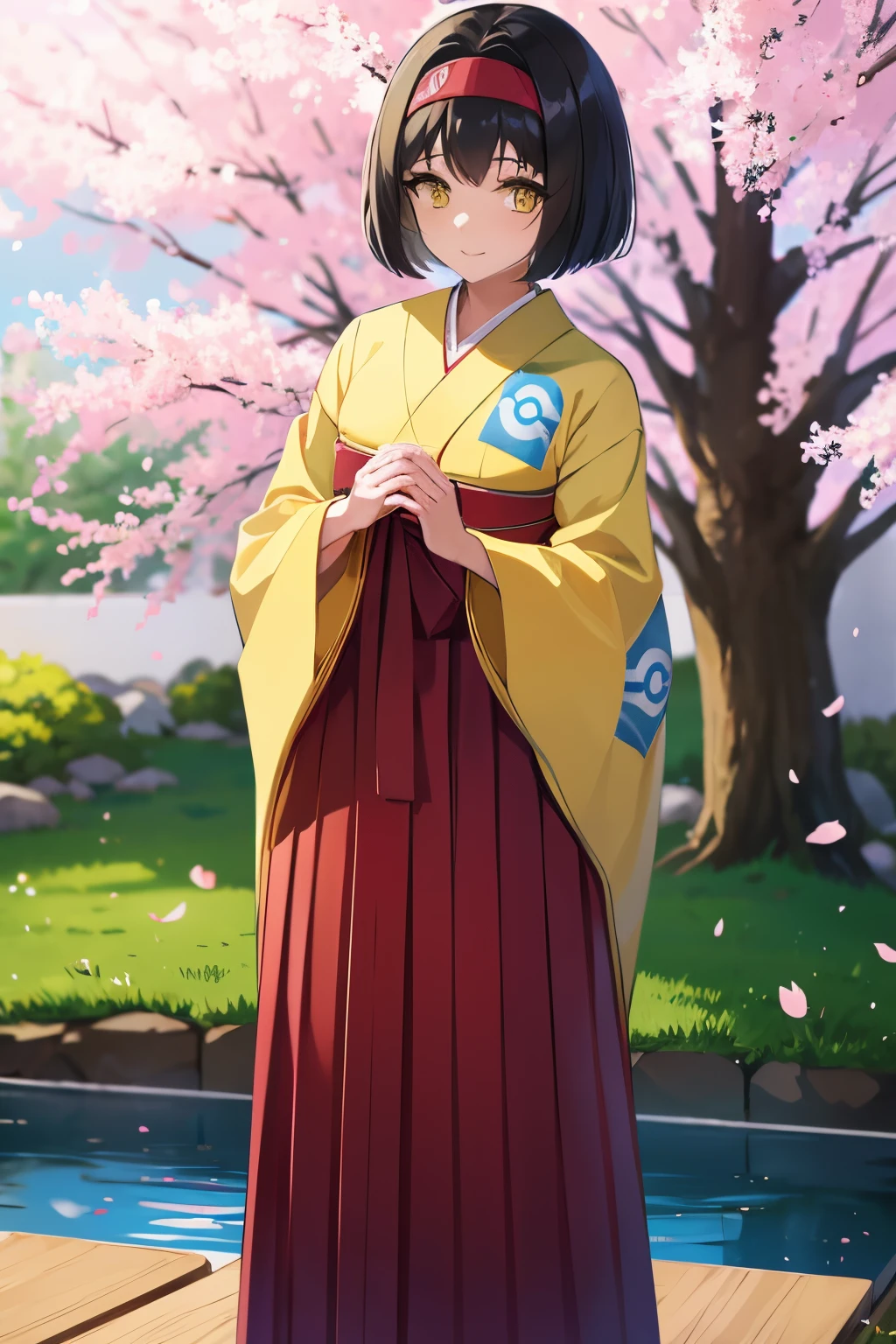 erika (pokemon), erika, (yellow eyes:1.5), black hair, red headband, short hair, bob cut,
BREAK japanese clothes,yellow kimono, hakama, red hakama, long sleeves, wide sleeves, poke ball symbol,
BREAK looking at viewer, full body, smile,
BREAK outdoors, japanese garden, cherry blossoms, petals,
BREAK (masterpiece:1.2), best quality, high resolution, unity 8k wallpaper, (illustration:0.8), (beautiful detailed eyes:1.6), extremely detailed face, perfect lighting, extremely detailed CG, (perfect hands, perfect anatomy),