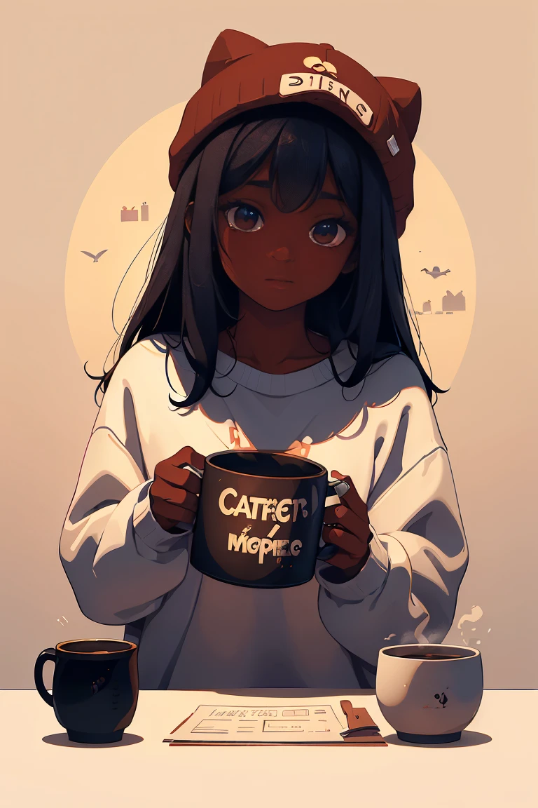 Dark skin pretty young woman in an oversized fuzzy fitted shirt, shy, ((holding a mug with the letters c-a-t-t-y” written on it)), insanely detailed, 4K, 2D illustration, red hat, clearly detailed eyes,  luminous brown eyes, muted pastels and white, ray tracing