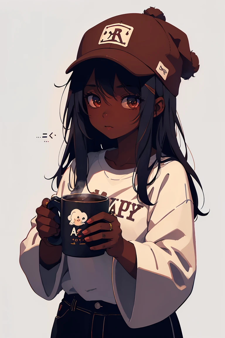 Dark skin pretty young woman in an oversized fuzzy fitted shirt, shy, ((holding a mug with the letters c-a-t-t-y” written on it)), insanely detailed, 4K, 2D illustration, red hat, clearly detailed eyes,  luminous brown eyes, muted pastels and white, ray tracing