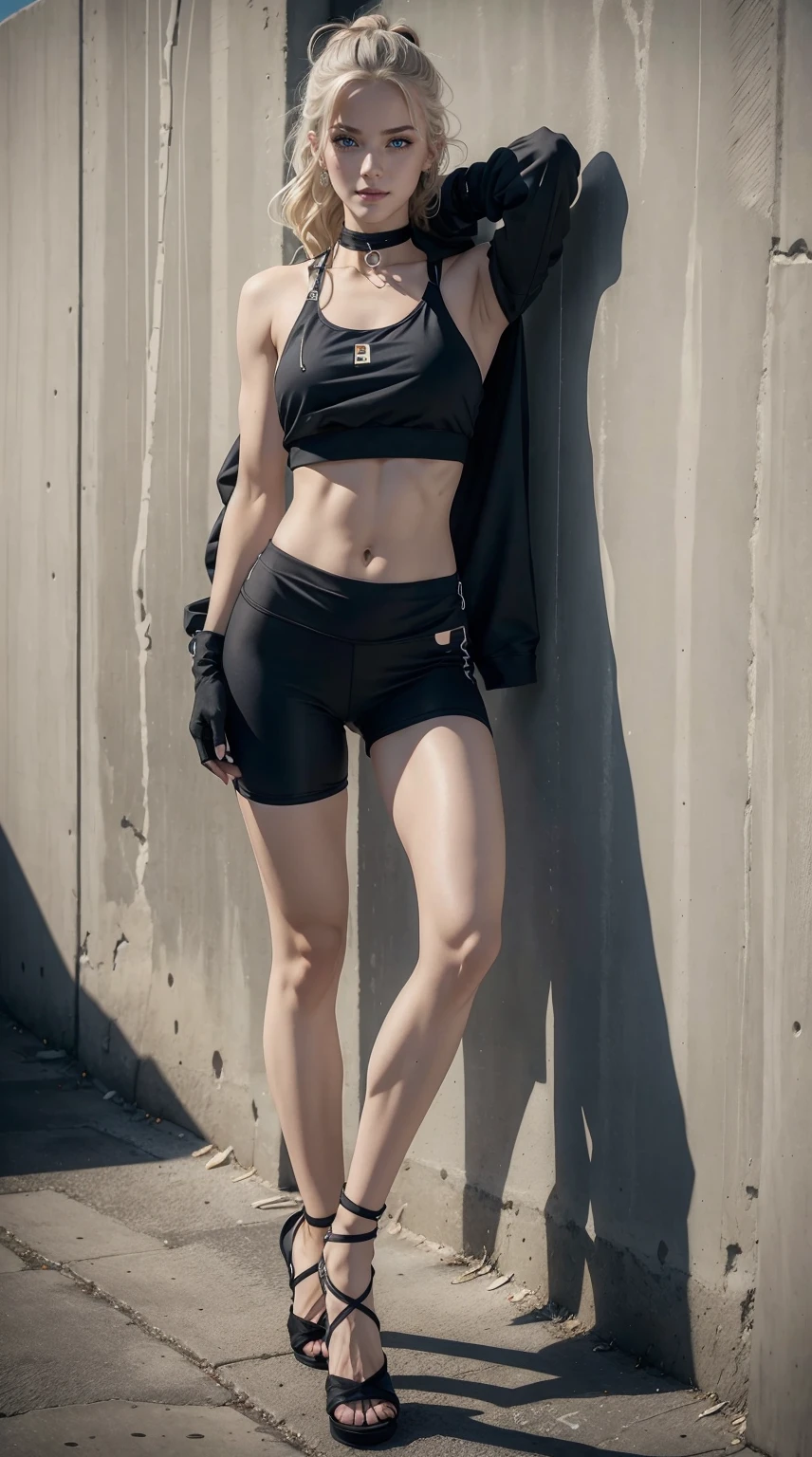 25-year-old Caucasian woman、platinum-blonde、blue eyess、Semi-long、My hair is wavy、Hair is tied up、accessories on the wrist、wearing a choker、My abs are cracked、a smile、slim muscular body、I don't want my head to disappear from the screen.、Wearing a high neck zipper up tank top、wearing low-rise leggings、Wearing gloves without fingertips、wearing a hoodie、I'm wearing pin heels、I'm in front of an old concrete wall