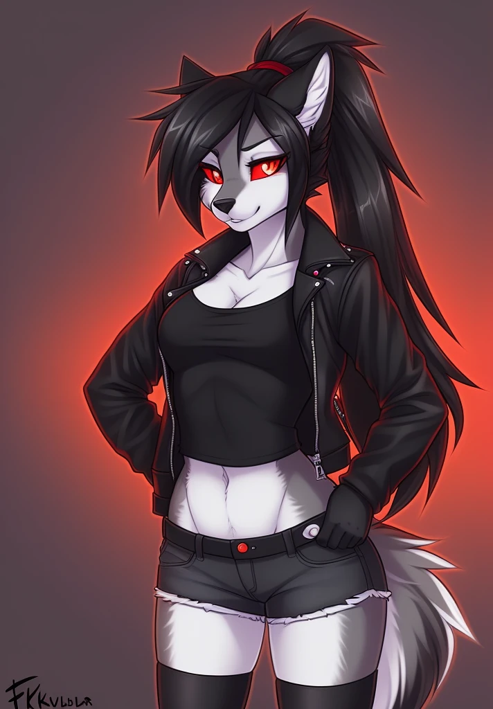 fluff-kevlar, by fluff-kevlar, anthro, hellhound, ((dark grey fur)), female, solo, 1woman, small breasts, shorts, leather jacket, tube top, ((red sclera)), ((white irises)), wolf tail, ponytail, black hair