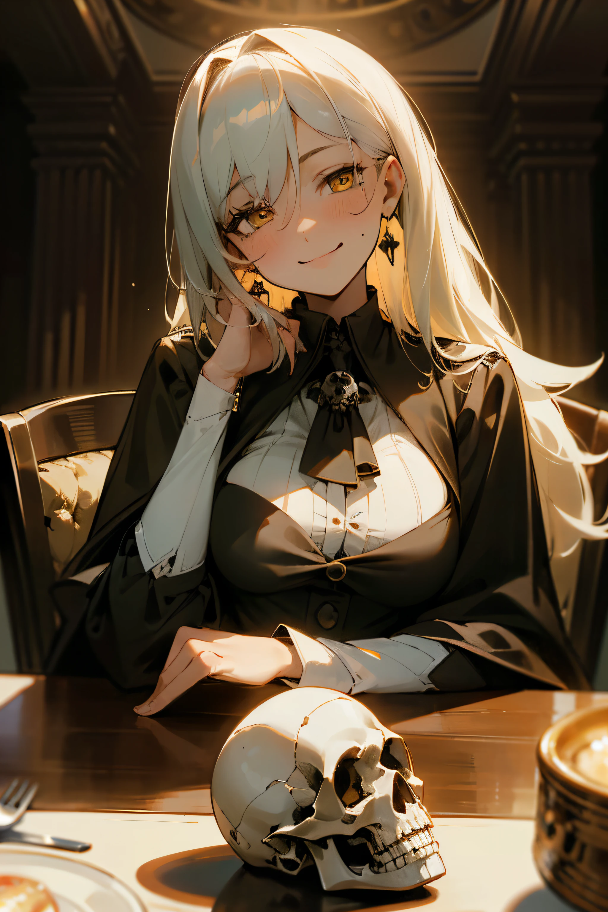 a female scientist, Big breasts are beautiful, attractive cleavage, evil, In a dark room, Faint candlelight, There are blood stains on his clothes, blood stains at the corners of the mouth, Sit at the table, There  a human skull on the table, silverware on table, Moles under the eyes, yellow-eyed, Crazy, sad, fingersmile, seduct smile, light blush, mad smile, classicism, hyper HD, Best quality at best, Anatomically correct, tmasterpiece