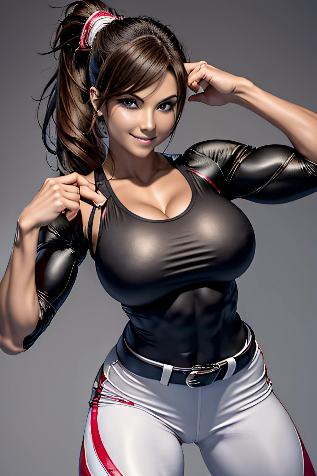 Arafe woman solo with ponytail hair、Fighting Game Fighter、Fitness Model、There  a high probability of obtaining Bursteric Red battle uniform...、slim and long legitimate body shape、(Sharp Focus:1.5), Photo, attractive young woman, (Beautiful face:1.1), Detailed eyes, luscious lips, (smokey eye makeup:0.85), (large full breasts:1.5), (athletic bodies:1.5), Five-fingered、half-pants、White belt、Pose ready to fight、Mischievous smile