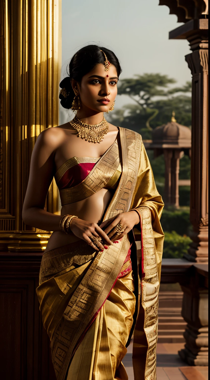 A captivating half-photo portrait capturing the essence of a beautiful Indian lady in an ornate silk sari, bathed in warm golden light. The scene is set against a richly detailed backdrop of traditional Indian architecture, evoking a sense of cultural opulence and timeless elegance. Style inspiration draws from the classic beauty of Raja Ravi Varma's portraiture combined with contemporary elegance, as seen in the works of Sabyasachi Mukherjee. Technical specifications include a cinematic view with warm lighting, emphasizing intricate details of the sari