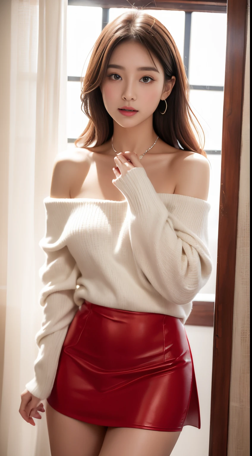 8K,masuter piece,Photorealsitic,1girl in，Solo，White off-the-shoulder sweater、You can see the skin from the shoulders、Beautiful Hada、Red leather short skirt、(Face up:1.2)、(Mouth opens wide both vertically and horizontally:1.****u can see the inside of the mouth)，Looking at the camera、Light reflected in the eyes