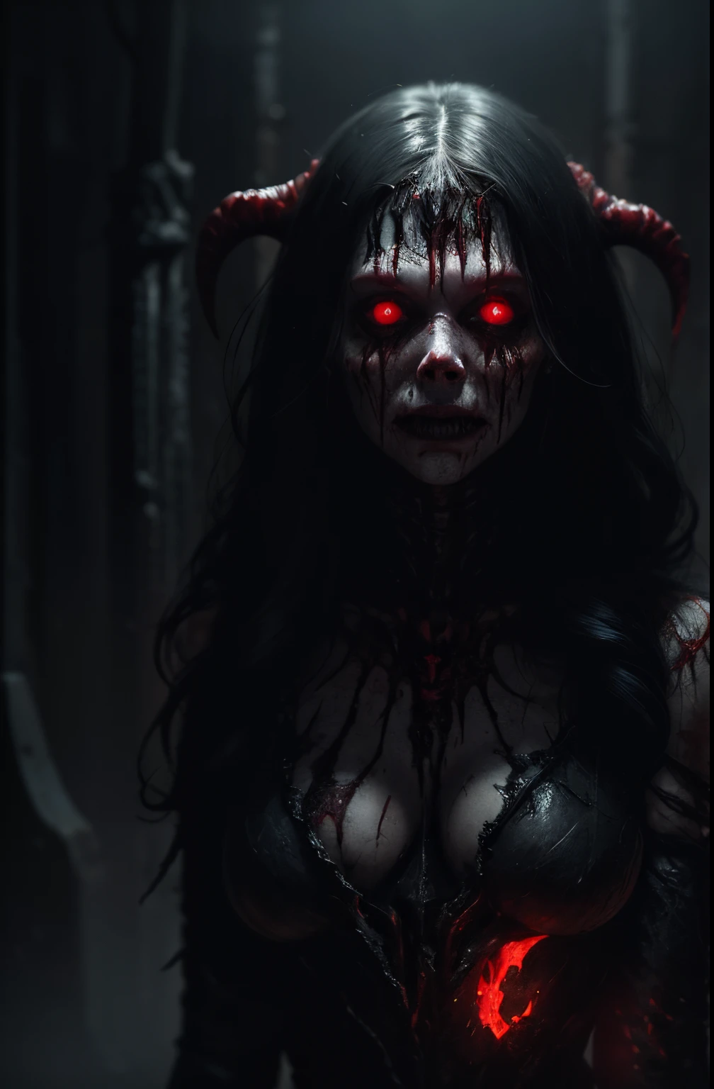 a terrifying mental image of a female figure of pure evil immersed in a hideous and hellish environment, obscure place coming from hell, dark ritual, appearance like a demon with sinister glowing eyes that evoke instant terror, evil beast, fiend, demon, abyss, infernal, nether, damnation, hellish attire that exude an evil glowing aura, flesh, bones, skull, blood, environment around as a hellscape, distorted shadows, agonizing, obscure, terrifying nightmare, horror, demonic presence, gore, grume, slaughter, carnage, butchery, highest quality, 4k, best composition, depth of field, bloom, lens 1.8, 25 mm, masterpiece