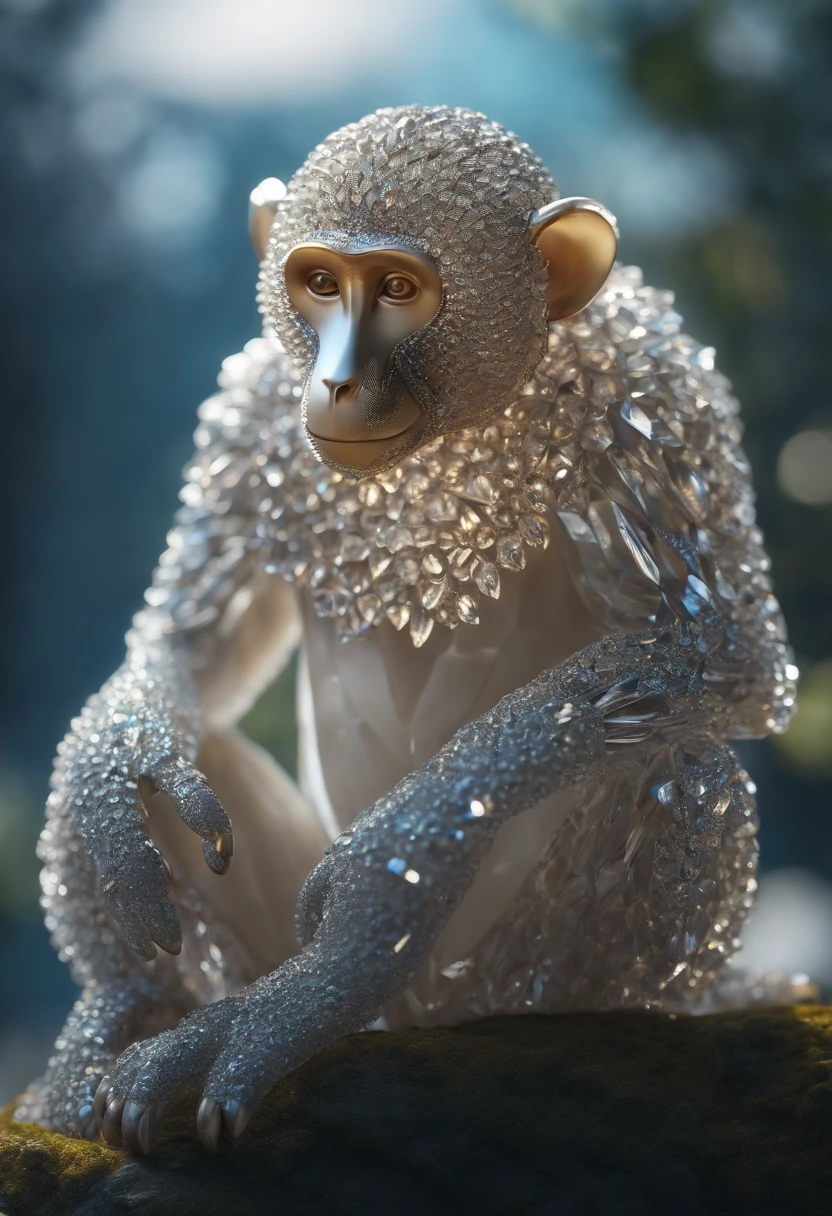 A cute crystal monkey，made of crystals, full bodyesbian, 4K, (Cyborg:1.1), ([Tail|thin linework]:1.3), (intricately details), hdr, (intricately details, Super detail:1.2), Cinematography, Vignetting, centering,