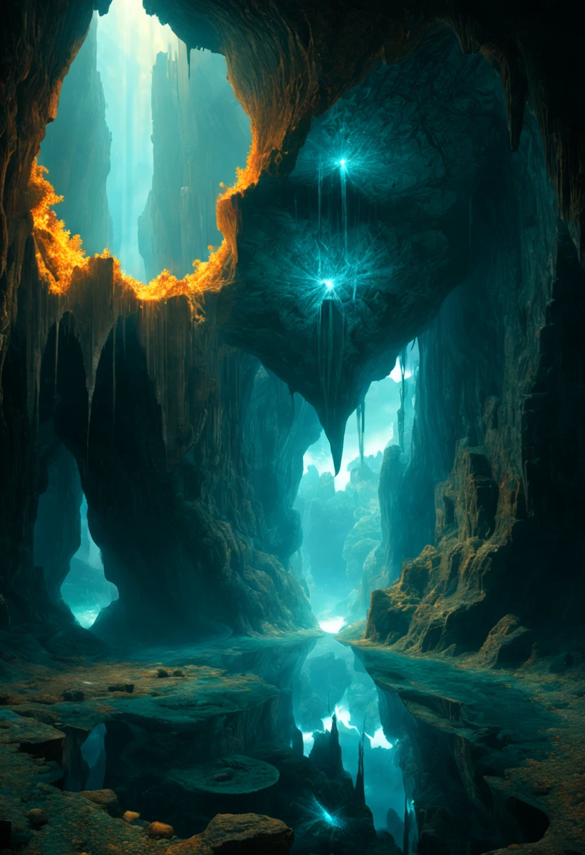 (by Zdzislaw Beksinski:1.2), Crystal Caves, crystal rock, crystal reflection, Rays, illumination, glowing particleest composition), ultra-wide-angle, octane render, enhance, intricate, (best quality, masterpiece, Representative work, official art, Professional, unity 8k wallpaper:1.3)