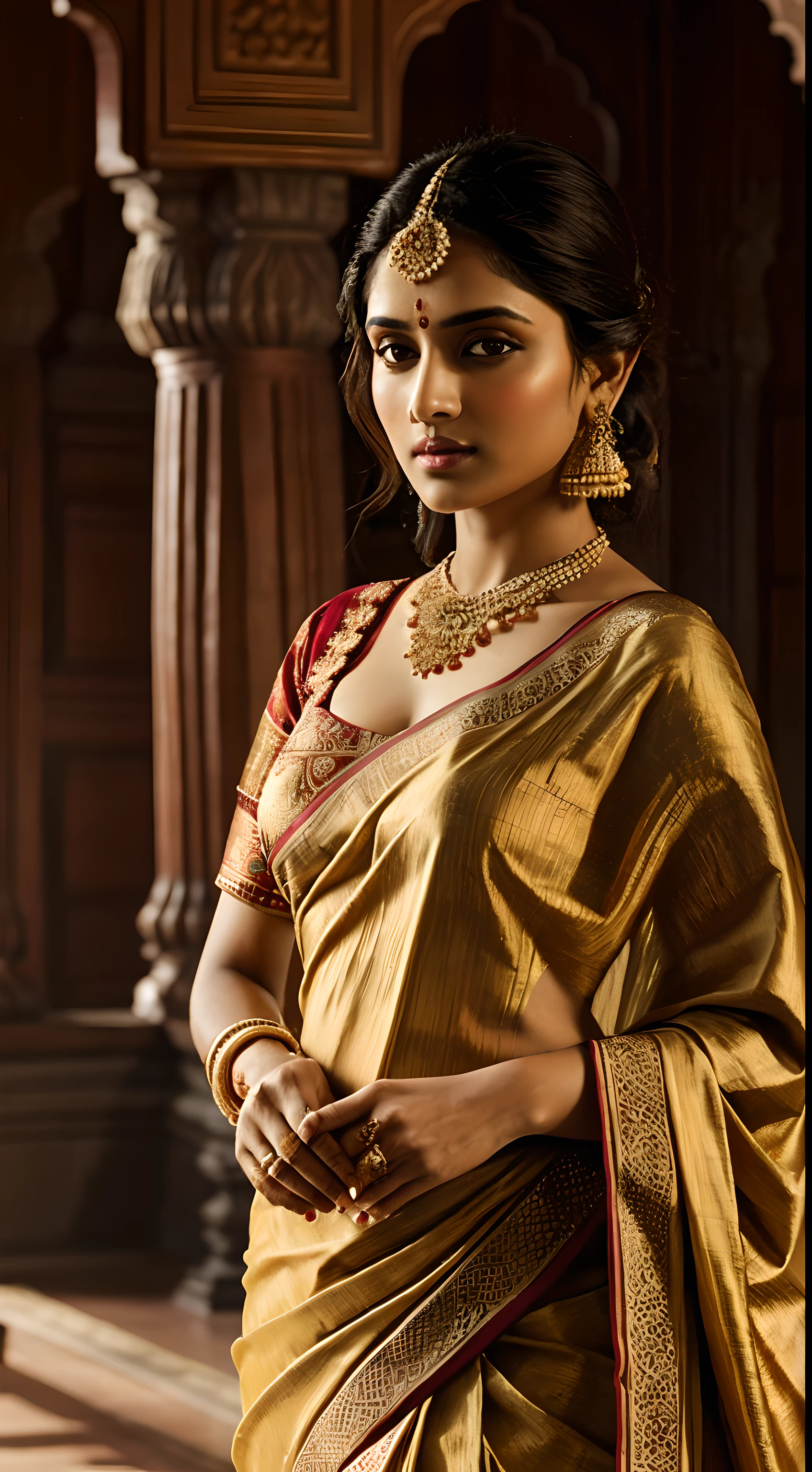 A captivating half-photo portrait capturing the essence of a beautiful Indian lady in an ornate silk sari, bathed in warm golden light. The scene is set against a richly detailed backdrop of traditional Indian architecture, evoking a sense of cultural opulence and timeless elegance. Style inspiration draws from the classic beauty of Raja Ravi Varma's portraiture combined with contemporary elegance, as seen in the works of Sabyasachi Mukherjee. Technical specifications include a cinematic view with warm lighting, emphasizing intricate details of the sari