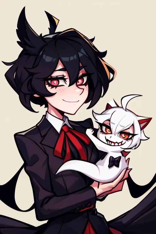 an original boy character inspired by the features of the Hazbin Hotel cartoon, he has medium black messy hair,