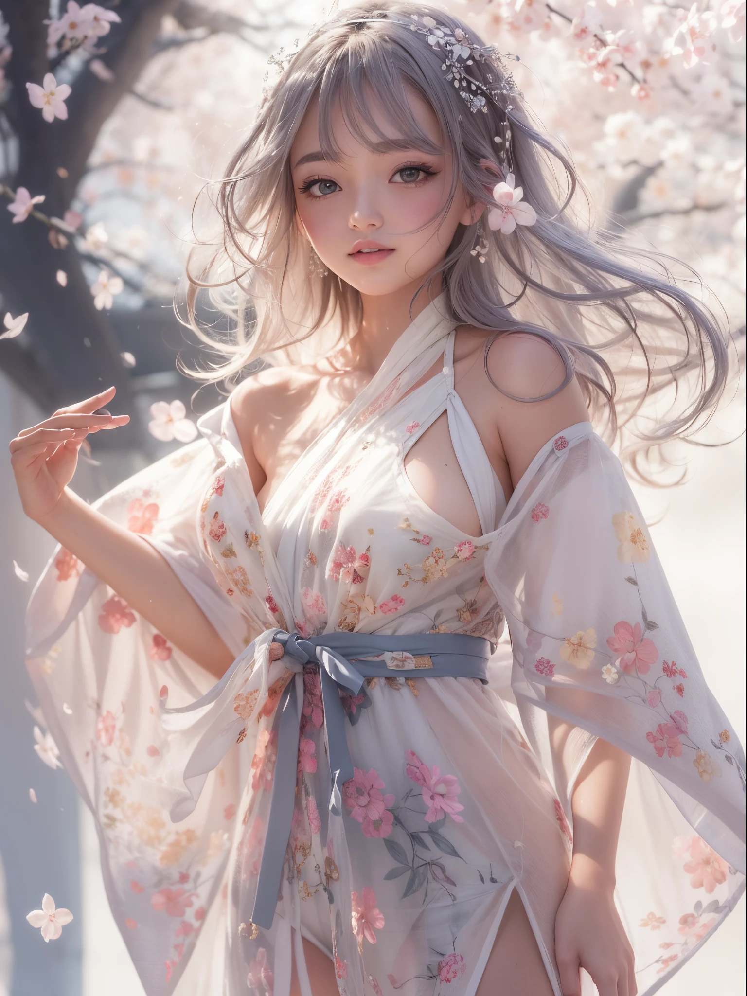 baggy clothes、Shoulders exposed、How to wear a dress with a damaged halter neck、Decorated with intricate patterns and pastel colors、Transparent material,Leave skin glowing、Artistic depiction of woman wearing wet muslin and transparent skin robe, Floral and dreamy patterns with flowing silky traditional transparent skin。Her dress hugged her curves elegantly、Emphasize her captivating silhouette。She the gentle night of fireworks、dynamicposes、a sexy pose、Bask in soft moonlight。The scene 、With a touch of mystery and sensibility、Exudes an ethereal and dreamy atmosphere。Image style 、A fusion of watercolor and digital illustration techniques.、Let you feel the exquisite beauty and charm。Soft moonlight lighting、Casts soft highlights and shadows on her stunning features。dynamicposeold Pose、hand somewhere、see through、show through、an sexy、Wet hair、Wet with、Petals under cherry blossom tree、SakuraNS、the cherry trees、Sakura blizzard、burial、Clear skin、wetclothes、pull、Translucent clothes、Eau、barechested、