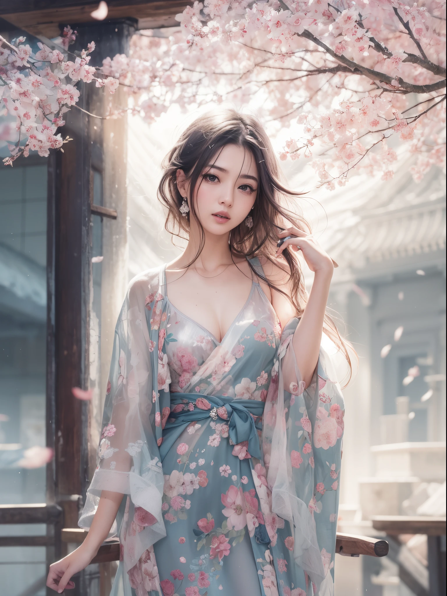 baggy clothes、Shoulders exposed、How to wear a dress with a damaged halter neck、Decorated with intricate patterns and pastel colors、Transparent material,Leave skin glowing、Artistic depiction of woman wearing wet muslin and transparent skin robe, Floral and dreamy patterns with flowing silky traditional transparent skin。Her dress hugged her curves elegantly、Emphasize her captivating silhouette。She the gentle night of fireworks、dynamicposes、a sexy pose、Bask in soft moonlight。The scene 、With a touch of mystery and sensibility、Exudes an ethereal and dreamy atmosphere。Image style 、A fusion of watercolor and digital illustration techniques.、Let you feel the exquisite beauty and charm。Soft moonlight lighting、Casts soft highlights and shadows on her stunning features。dynamicposeold Pose、hand somewhere、see through、show through、an sexy、Wet hair、Wet with、Petals under cherry blossom tree、SakuraNS、the cherry trees、Sakura blizzard、burial、Clear skin、wetclothes、pull、Translucent clothes、Eau、barechested、