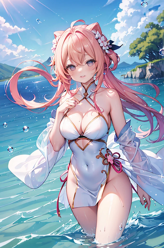 Best quality at best, tmasterpiece, Incredibly beautiful, very elaborate 8K wallpaper, otherworldly beautiful girl, (blonde hair pink gradient hair), Side pony, intermittently, Open your mouth and laugh, Long eyelashes, cosmetics, Close her eyes, (zoomout, The large, BigREAK, 夏天, Beachy, (比基尼), Reflection in the water, (Floating water drops blur foreground), (blue-sky), lens flare glow, (water splash), rays of sunshine,