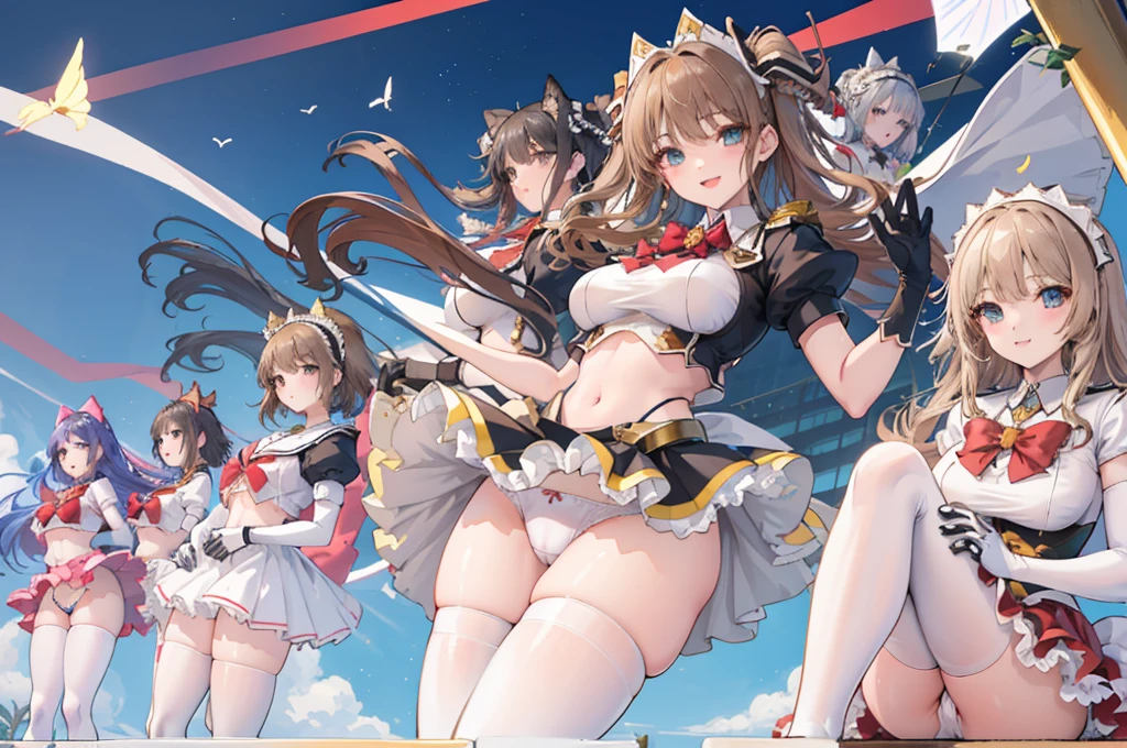 (6+ girls, fluttering skirt, skirt lift, self lift, white underwear, camel toe:1.1), Big breast, kind smile, sweetlip, black outfit, navel, white thighhighs, gloves, (from below, look at viewer:1.1), wide shot, group photo, first person view, scenery, sky