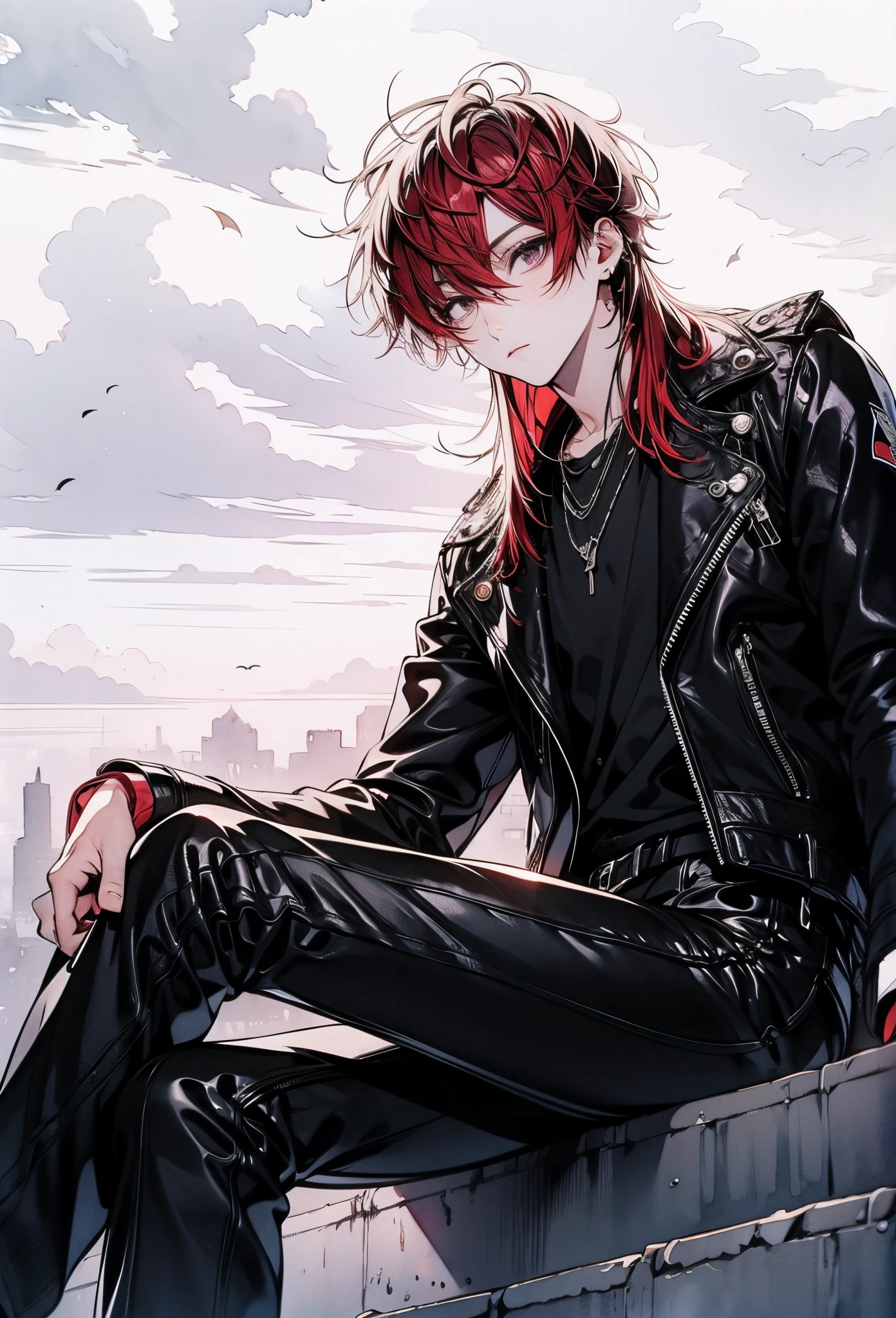 Clear line drawing, Transparent watercolor, Clear shading, 25 years old, Handsome, Man's, manly, Frontal composition, Beautiful young man, shoulder length hair, Red hair, Gray eyes, slit-eyes, Black undershirt, Leather jacket, Black leather pants, Looking down, sitting on stairs, Cloudy sky, Cool, low angles, Bottom View,High quality, amount of drawing, pixiv illustration