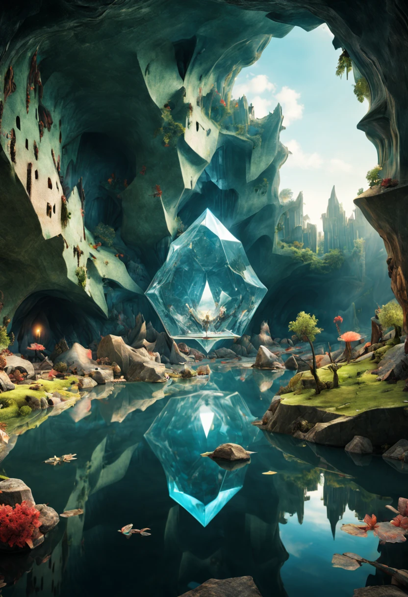 (by Hieronymous Bosch:1.2), Crystal Caves, Crystal reflection, water, ultra-wide-angle, octane render, enhance, intricate, (best quality, masterpiece, Representative work, official art, Professional, unity 8k wallpaper:1.3)