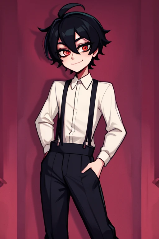 an original male character inspired by the characteristics of the cartoon Hazbin Hotel, He has messy black hair, 1menino, ele sorrindo sadicamente, The boy standing, the boy is wearing old pants with classic suspenders,