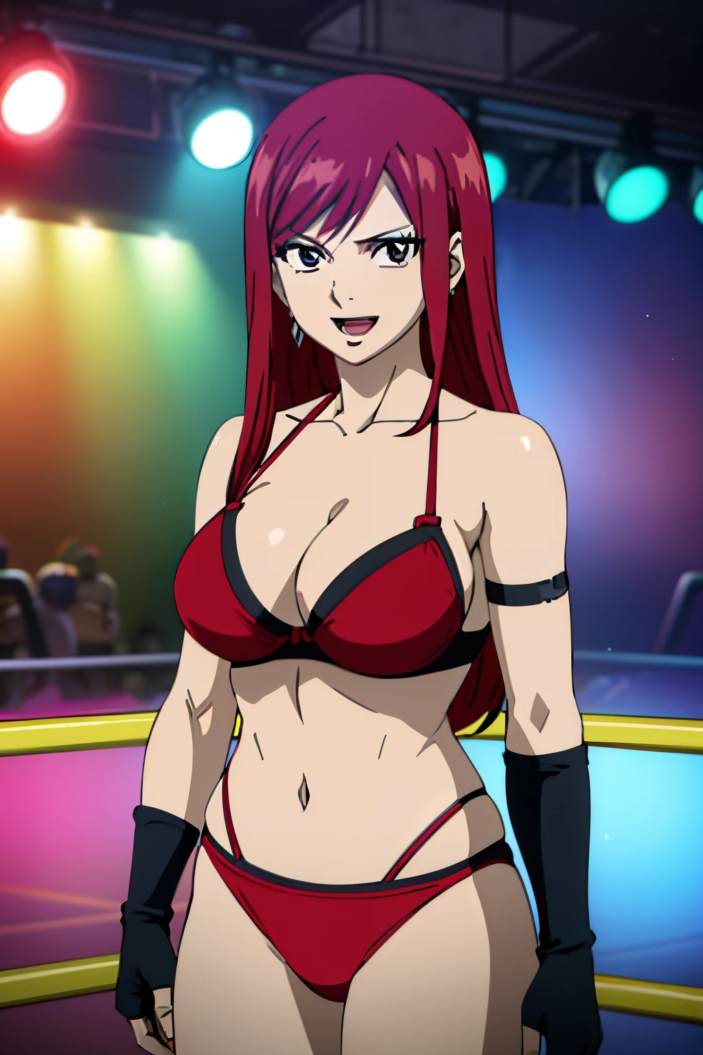 ((double bra, red bikini top, black bikini top, center body view)), (very little biceps, seductive), (((very detailed wrestling ring with three wires, titration screen))), spotlights, please prioritize (best quality, 4k, 8k, highres, masterpiece:1.2), ultra-detailed, and (realistic, photorealistic, photo-realistic:1.37) rendering. ((looking at the viewer)), ultra detailed face, perfect anatomy, 8k, perfect body proportions, highest quality, 1girl, solo, happy, smile, ERZASCARLET, cleavage, off-shoulder, tall girl, (shiny hair), detailed red hair, open mouth, very big eyes, long belly, wide shoulders, For the image quality, To enhance the visuals, add HDR, UHD, studio lighting, ultra-fine painting, sharp focus, physically based rendering, extreme detail description, professional, vivid colors, fingerless gloves, elbow pad, earring, diffusion