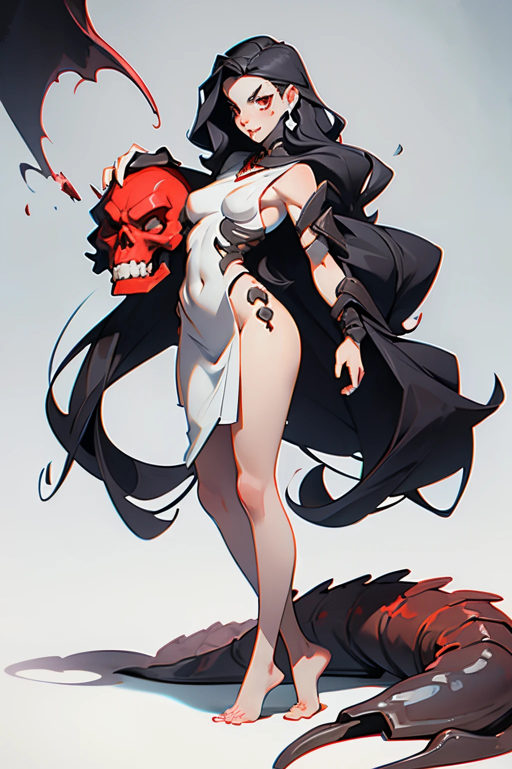 Pale girl, sexy, mostly naked, barefoot, long black hair, red eyes, with skull mask, posing, over giant worm, white, lot of fangs