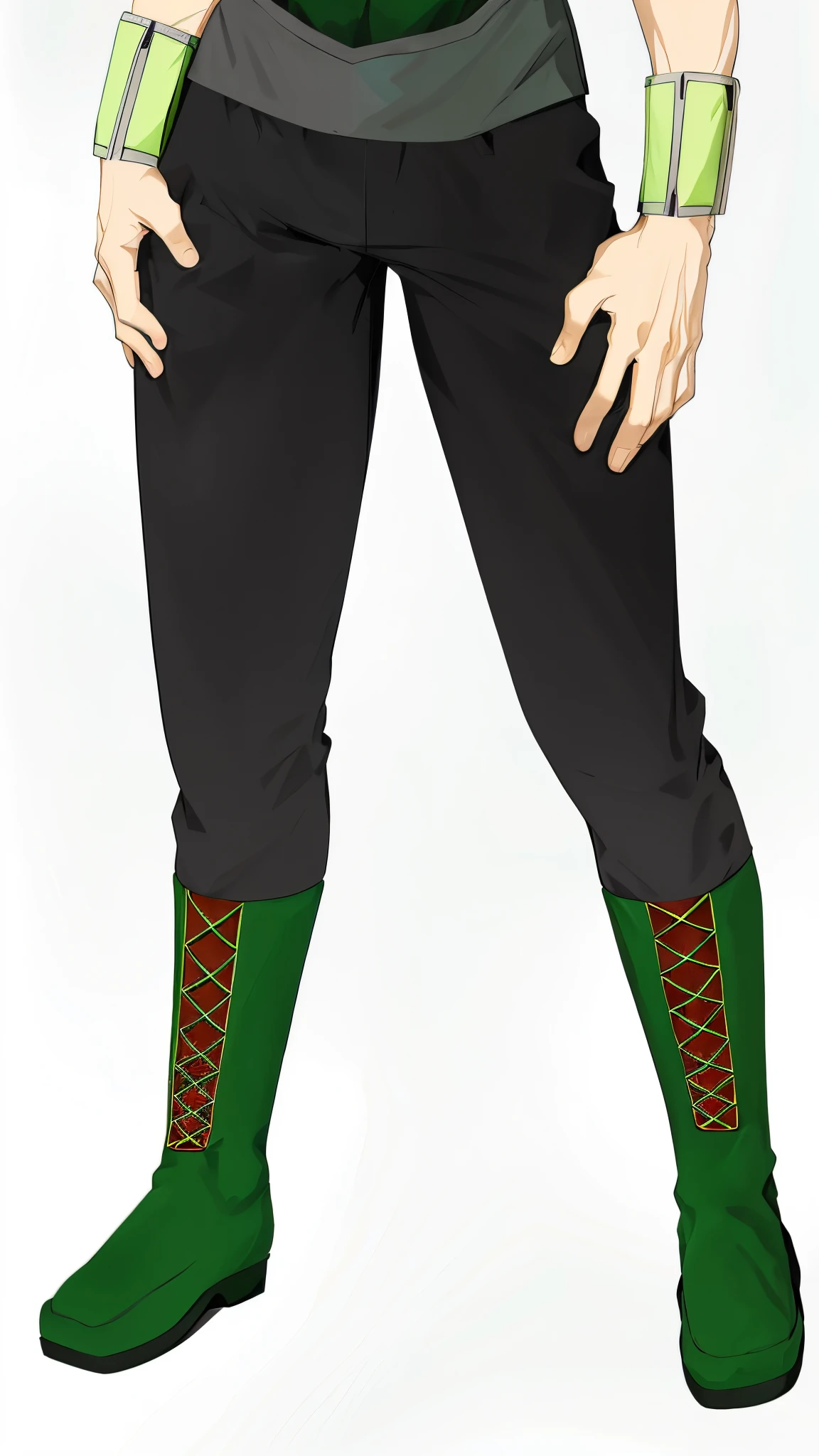 anime character with green pants and green shoes standing in front of a white background, cloven feet and horns, full body close-up shot, full body details, green legs, d & d style full body portrait, digitally colored, full body illustration, distant full body view, inspired by Sakai Hōitsu, fullbody view, full body with costume