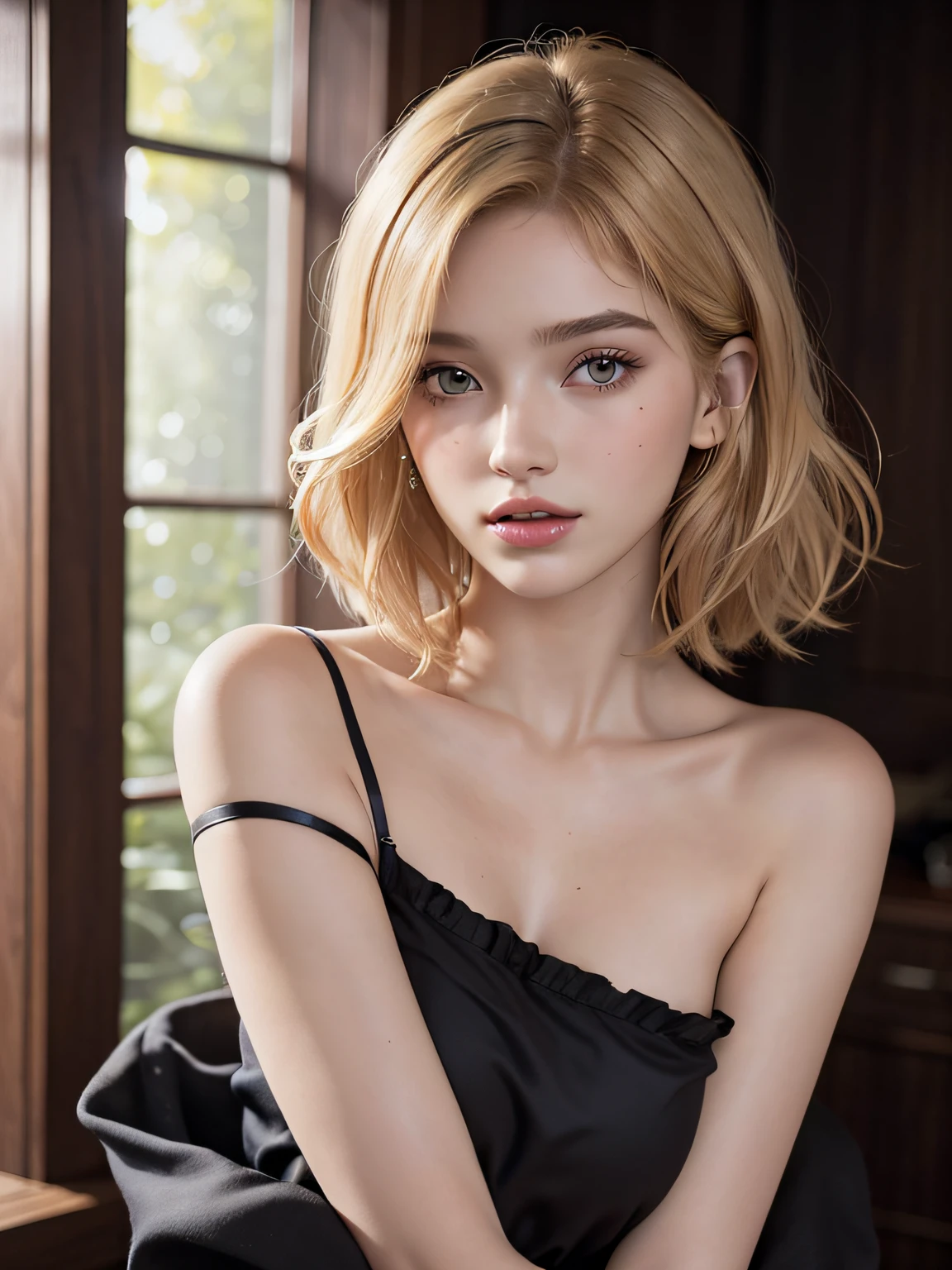 Best quality, masterpiece, ultra high res, (photorealistic:1.4), 1girl, offshoulder dress, deep shadow, shiny skin, Gorgeous 18-year-old woman resembling Bella Thorne, boho bob, blonde hair, hair in front of face, , short hair, soft pale skin,