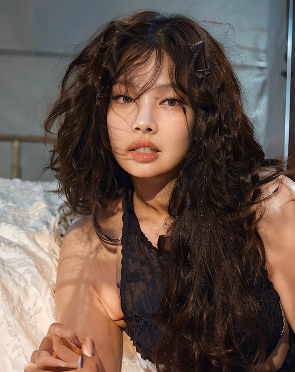 Forma de rosto Jennie Kim, A closeup of a woman with long curly hair wearing a bra, franja encaracolado, com longos cabelos cacheados, curly middle part haircut, a young asian woman, messy curly hair, long messy curly hair, encaracolado, Beautiful Asian girl, Jennie do Blackpink, Jennie, cute korean girlfriend with black colored hair and giant breasts