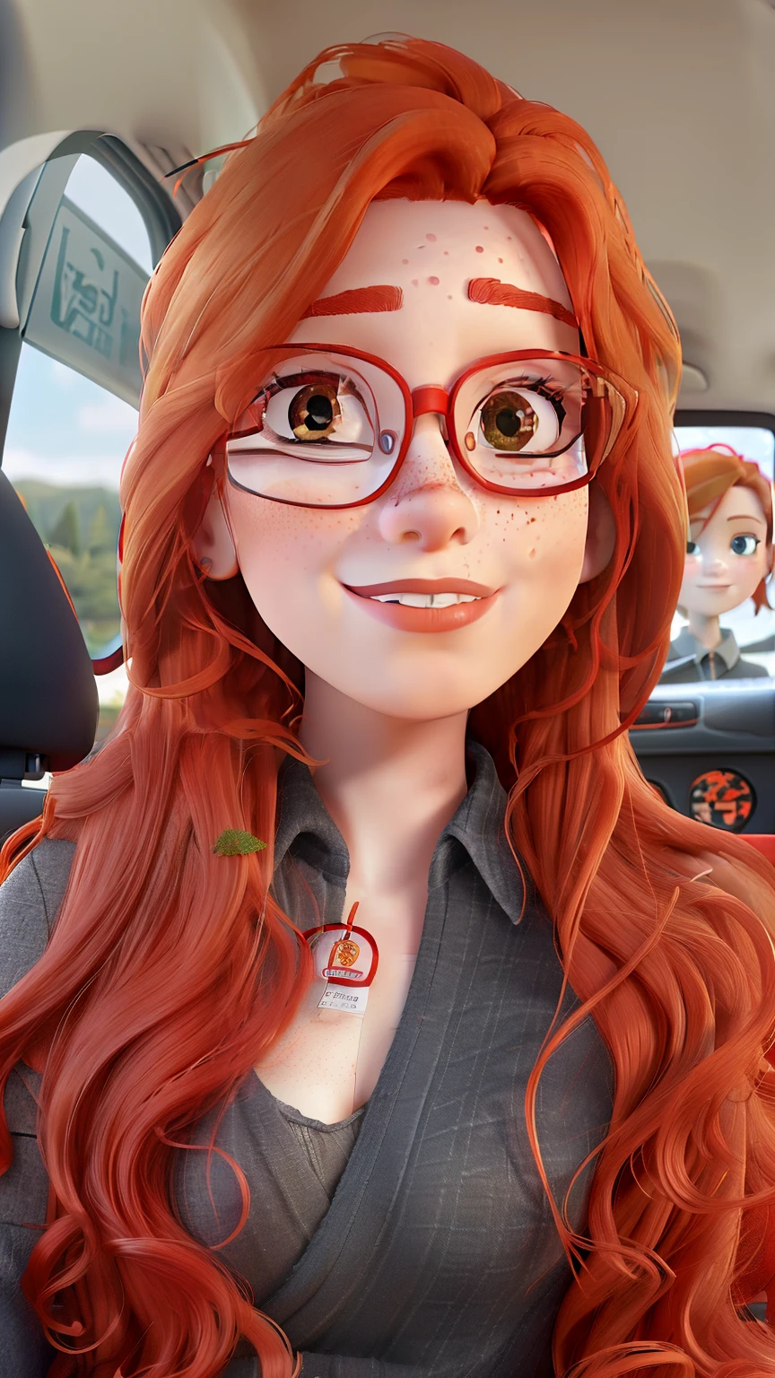 woman with glasses sitting in a car with a red hair, she has long redorange hair, ginger hair with freckles, headshot profile picture, flowing ginger hair, red hair and freckles, reddish hair, with red hair, she has red hair, red head, ellie bamber, taken in the early 2020s, ginger hair, soft red hair,