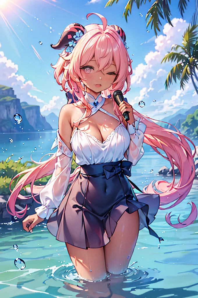 Best quality, tmasterpiece, Incredibly beautiful, very elaborate 8K wallpaper, otherworldly beautiful girl, , (Dark skin), (blonde hair pink gradient hair), Side pony, intermittently, Open your mouth and laugh, Long eyelashes, cosmetics, Close her eyes, (zoomout, bigger, BigREAK, 夏天, Beachy, (比基尼), Reflection in the water, (Floating water drops blur foreground), (blue-sky), lens flare glow, (water splash), rays of sunshine,