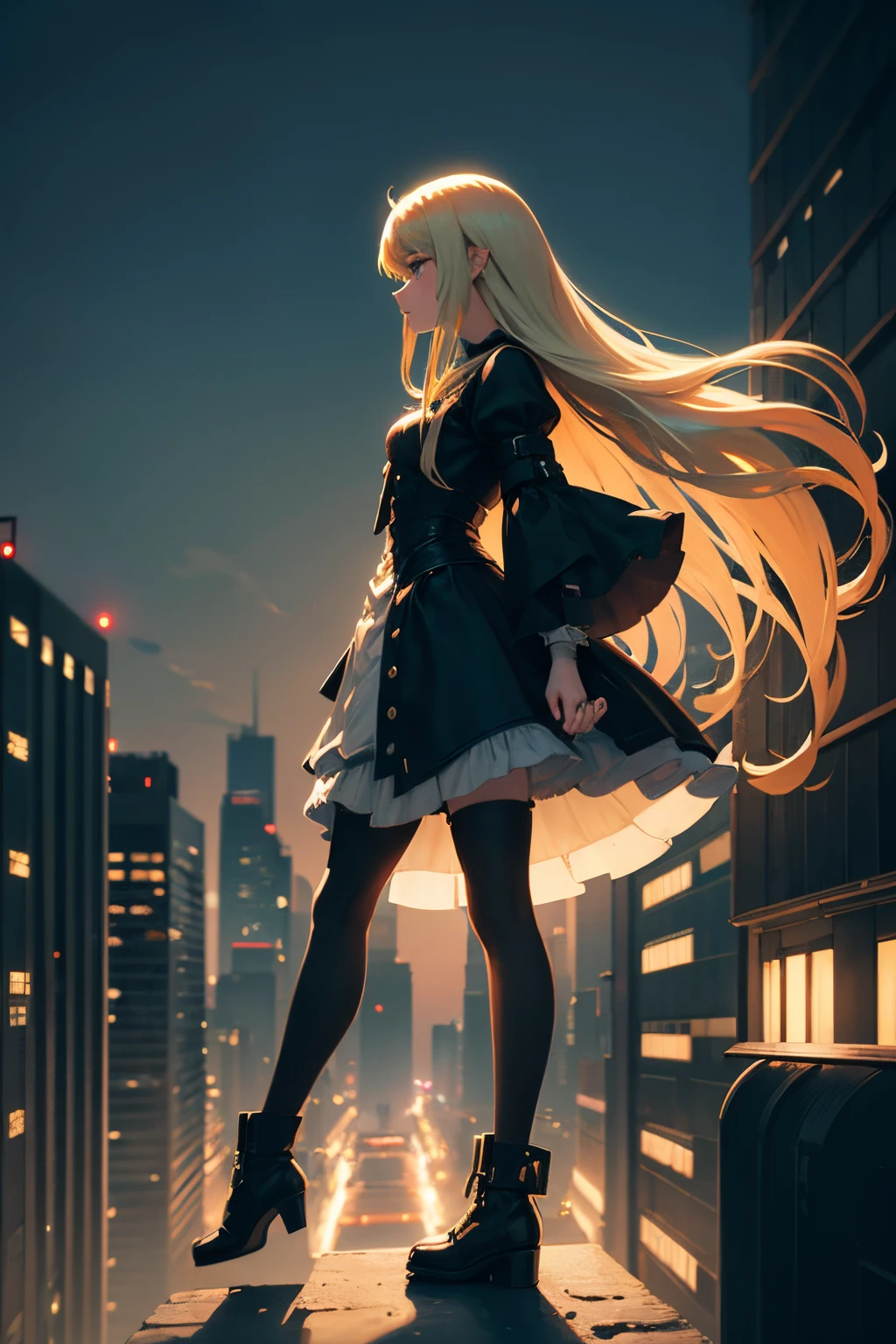 1girl in、Blonde long hair、stand on the side of a building、overlooking a city、steampunc、Will、neons、Green light、gravity user、black cat、