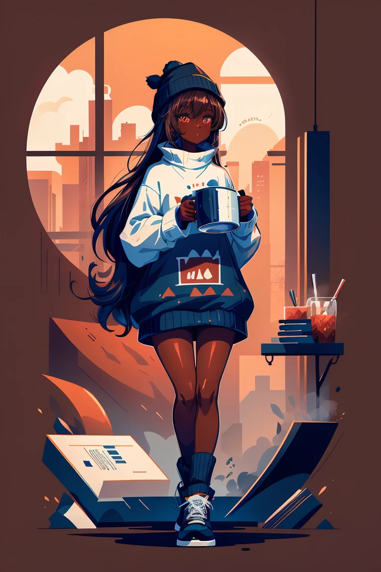 Dark skin pretty young woman in an oversized fuzzy fitted shirt, shy, ((holding a mug with the letters c-a-t-t-y” written on it)), insanely detailed, 4K, 2D illustration, red hat, clearly detailed eyes, luminous brown eyes, small breast