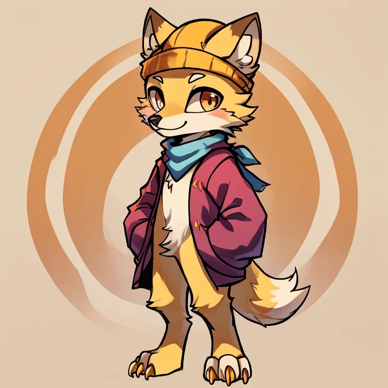 (A character), (Fox with yellow fur and white chest), (under the snout is white), (yellow fur), (tip of the tail white), (wears a magenta sweater), (light blue scarf), ( yellow cap with orange visor), (orange visot), (magenta eyes), (slender and fit body), (appears apparently thin but strong), (relaxed expression), (male), (medium height), (solitary), (solo), (white eyebrows), (yellow legs), (yellow hat), (golden fur), (golden yellow fur), (small dark yellow claws)