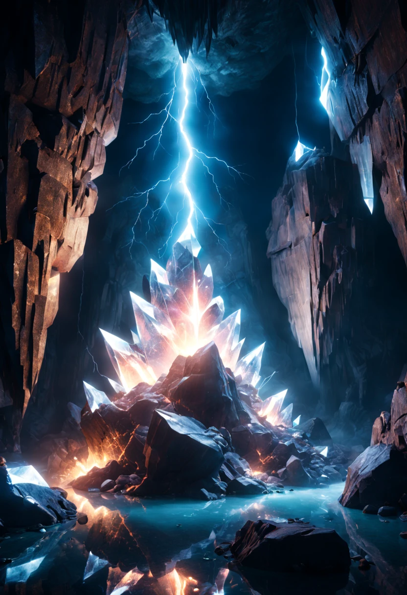 (by Greg Girard:1.2), (Crystal Caves), glowing crystals, Crystal reflection, thunder and lightning, electricity, ultra-wide-angle, octane render, enhance, intricate, (best quality, masterpiece, Representative work, official art, Professional, unity 8k wallpaper:1.3)