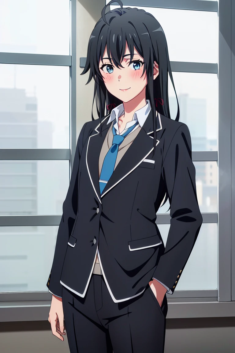 yukino_yukinoshita ,masterpiece, best quality, highres, absurdres, yukinoshita_yukino, 1girl, ahoge, black hair, aqua eyes, red ribbon, anime , yukinoshita yukino in a suit and tie standing in front of a window, 1girl, solo, necktie, black hair, blue eyes, long hair, smile, jacket, looking at viewer, shirt, pants, blue necktie, collared shirt, white pants, white shirt, indoors, bangs, long sleeves, closed mouth, window, black jacket, blush, cowboy shot, formal, suit2