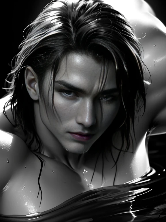 (best quality,4k,highres,masterpiece:1.2),ultra-detailed,(realistic,photorealistic,photo-realistic:1.37), provocative, intimate,  portraits, dark, moody atmosphere, vibrant colors, black and white, explicit sexual encounter, water reflections, studio lighting, muscular physique, chiseled features, rugged beauty, scintillating water droplets, wet skin glistening under the moonlight, powerful emotions, heightened pleasure, uninhibited expression, seductive gaze, temptation, hypnotic movement, enticing composition, explicit desire, passionate intensity, voyeuristic perspective, bold and daring, unapologetic self-expression, midnight shadows, hidden desires, intense masculinity, raw intimacy.