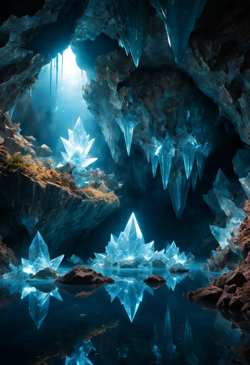 (by Iwan Baan:1.2), (Crystal Caves), glowing crystals, Crystal reflection, transparent, underground water, ultra-wide-angle, octane render, enhance, intricate, (best quality, masterpiece, Representative work, official art, Professional, unity 8k wallpaper:1.3)