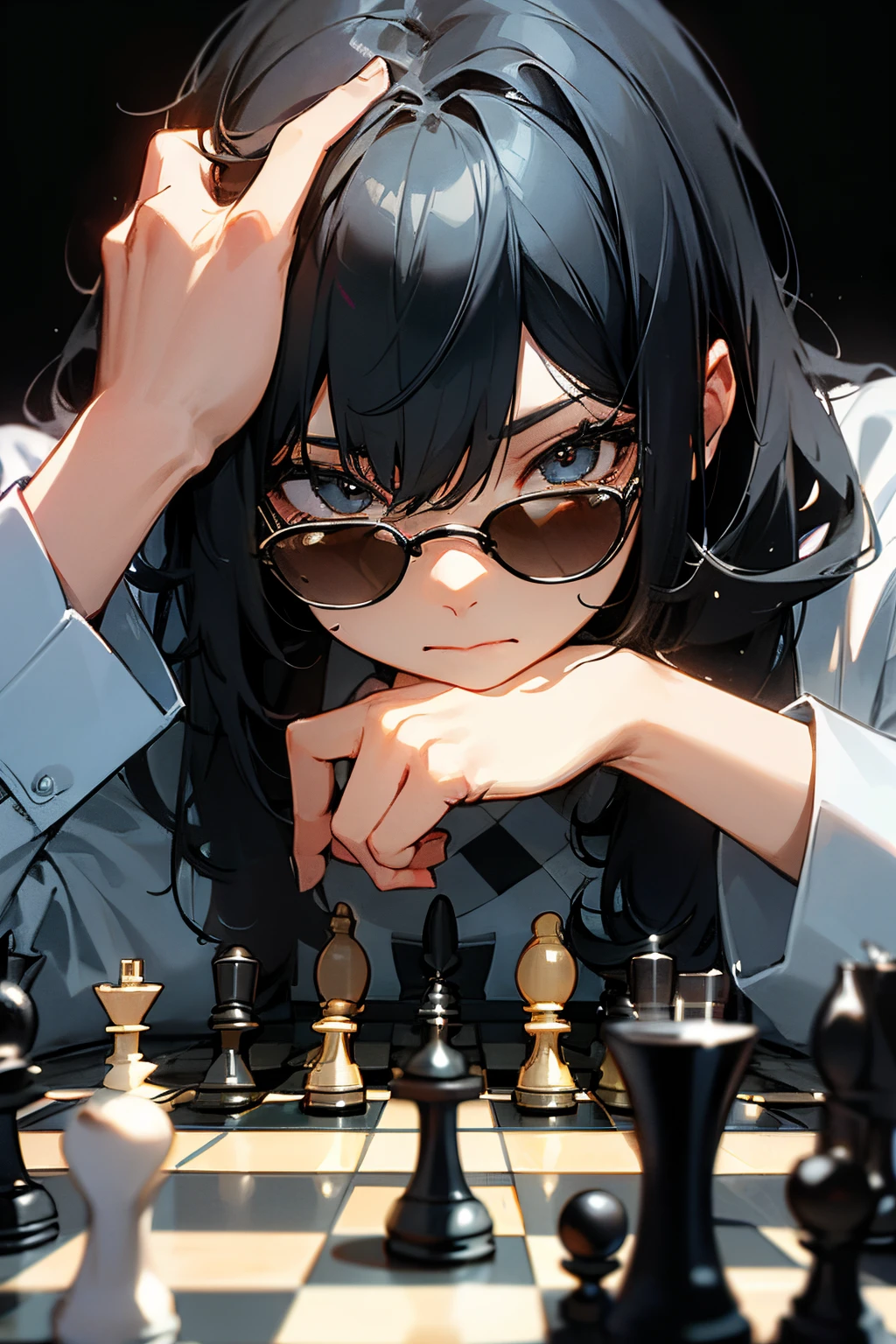 Off close up of a Girl, black hair, sunglasses, messy, hands on chin, playing chess, chess, Looking at chessboard, And a boy black hair, sunglasses, messy, hands on chin, playing chess, chess, Looking at chessboard