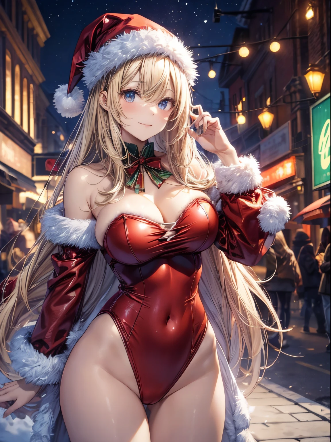 top-quality、Full limbs、complete fingers、Slender beauty、Women with straight hair、((Women with blonde hair))、Women with medium hair、(Beautiful busty woman:1.3)、Santa Claus Costume、(red santa claus leotard)、red santa claus hat、red santa claus cloak、 Street trees at night、Christmas tree、Christmas Lights、Winter scenery、A big smile