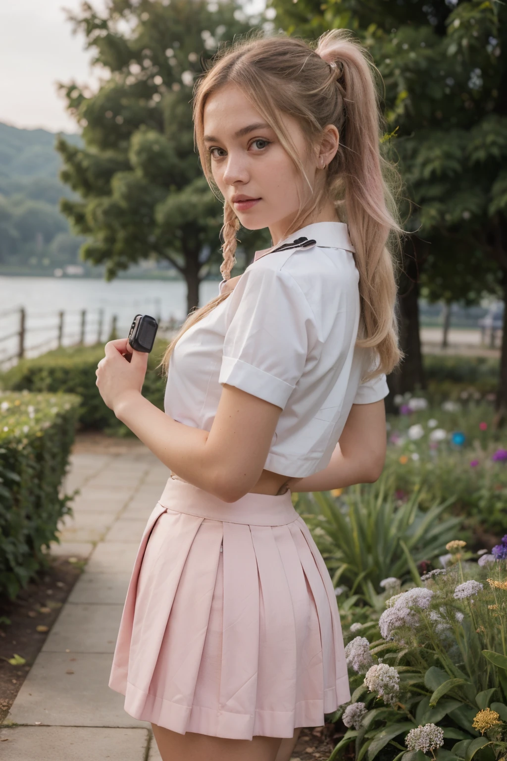 (((Twin tail blonde hair))),(((Light Pink skirt sailor School Uniform))),(((detailed finger)))(((looking at viewer:1.5))),(((Photographing a girl from butt))),ulzzang-6500-v1.1, (Raw photo:1.2), (Photo realistic:1.4), a beautiful detailed girl, extremely detailed eye and face, beautiful detailed eyes, ultra-detailed, High resolution, top-quality, ​masterpiece, highly detailed, 8k wallpaper, Wonderful, finely detail, top-quality, Light on the face,电影灯光,1girl in, (beautiful garden full of flower near lake),Beautiful eyes, Shy,Opening Mouth