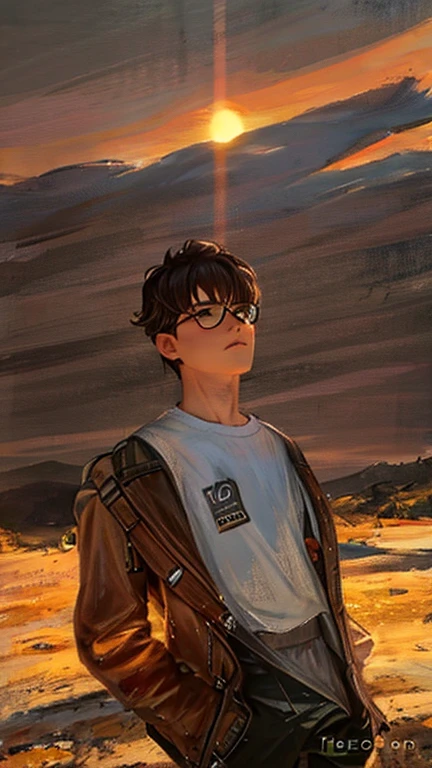 there a man standing in the dirt with a jacket on, very very low quality picture, profile shot, profile picture 1024px, in desert, declan mckenna, in a desert, portait photo profile picture, profile pic, low quality photo, ayan nag, mixed art, profile picture, low quality photograph, cynthwave, with sunset