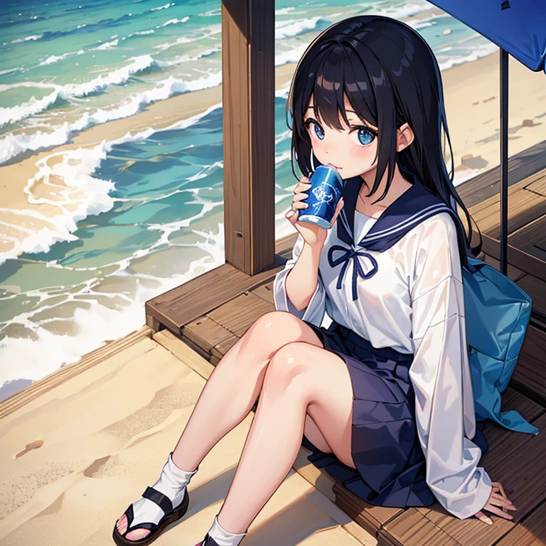 solo person,Have by the sea,female high-school student,Black color hair,wearing a swimming wear,Sit behind a wooden round table,Eat shaved ice