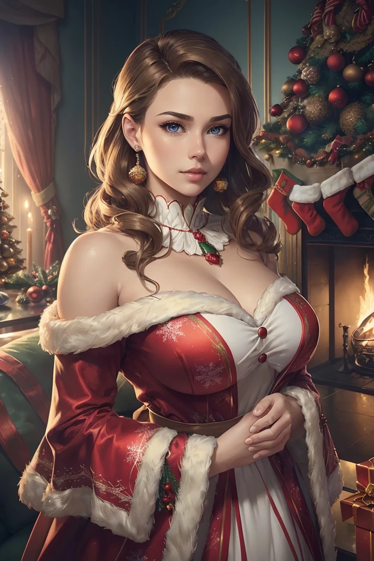 ((A couple in love)), ((woman with brown hair wearing a christmas gown)), standing with ((a masculine man with short blonde hair and a full blonde beard with mustache, in a red and white suit)), blue eyes, hair with many details, 8k artgerm bokeh, fanart best artstation, render photorealistic, guweiz-style art, inspired by WLOP, ig model | artgerm, detailed waist up portrait, stunning wait up portrait of realistic face, beautiful waist up portrait, deviantart artstation cgscosiety, cinematic realistic portrait, high quality portrait, elegant digital painting, photorealistic artstyle, ((Christmas living room background))