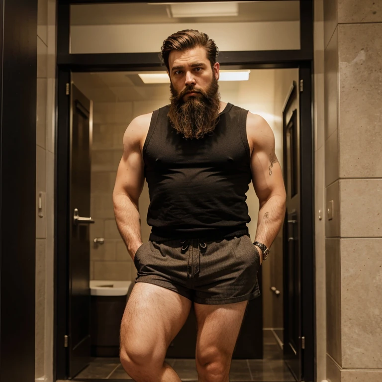 Bearded man wears short shorts Full body