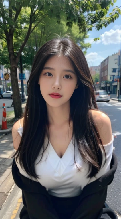 ((Best Quality, 8K, Masterpiece:1.3)), A beautiful girl, pure, melon face, gentle and cute, sweet smile, pure desire, thin figure, (frontal), (tilted head), looking directly at the camera, uniform, obi, formal, black silky long straight hair, long hair flowing over the shoulders, round black big eyes, clear big eyes, moist red lips, sweet, sitting on the side of the road, blue sky and white clouds, busy city streeet,