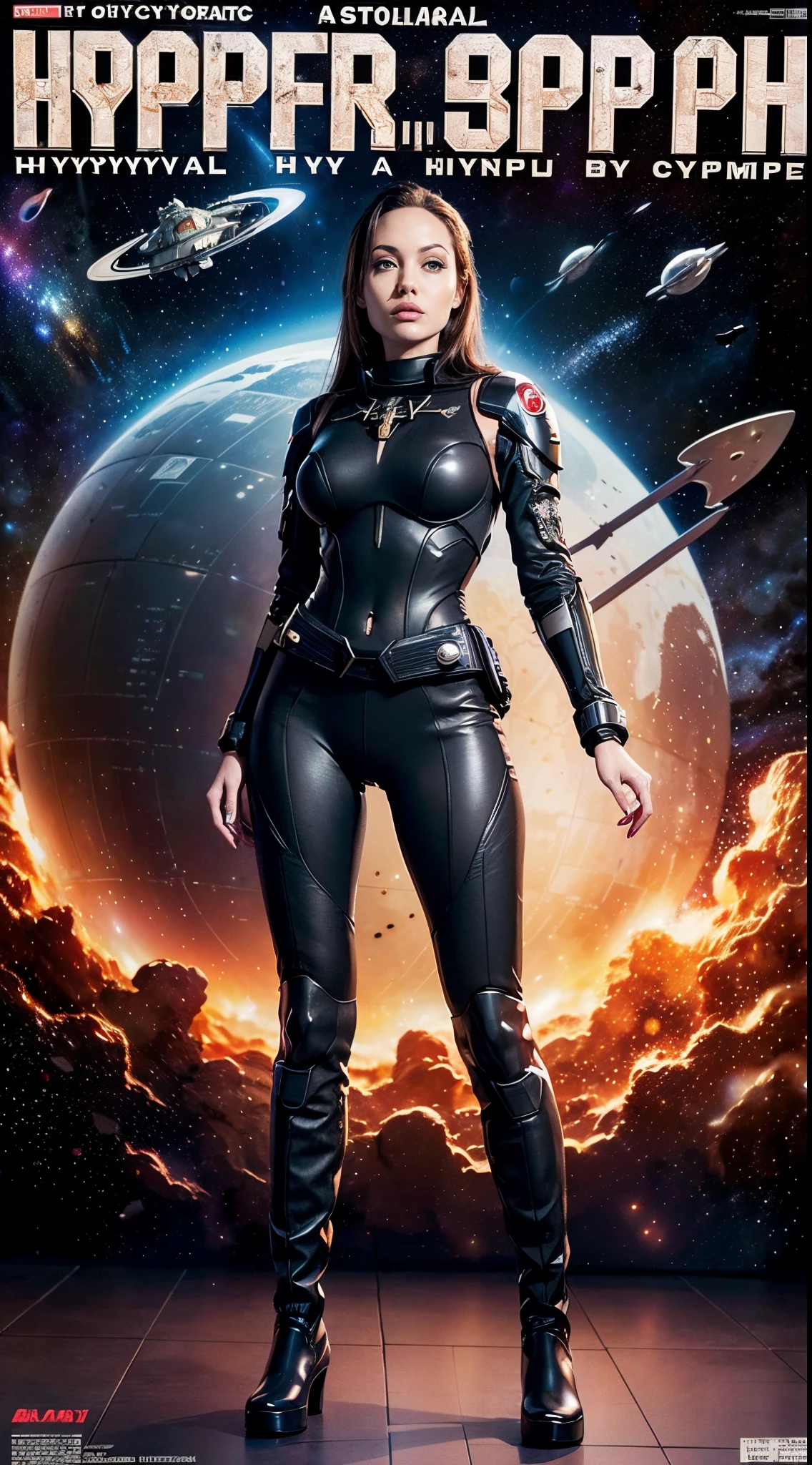 (((((A hyper-realistic:1.3)), (Best Quality:1.3), Ultras_Detailed, (Hyper Detailed), (High quality), (Good anatomy:1.2), masutepiece, Intricate details, ((wide_shot:1.2)), (makeup:0.5), Sexy, (Best Body), 1girl in, Solo, withdrawn face, hight resolution, woman's hand,))), BREAK has an elegant body, BREAK (((A woman wearing a black mechanical cyber suit:1.2))), (((wearing cyber boots:1.2 ))),((space battleship background:1.5)), (((Film magazine cover:1.3))), Break Cowboy Shot, Standing, ID photo,