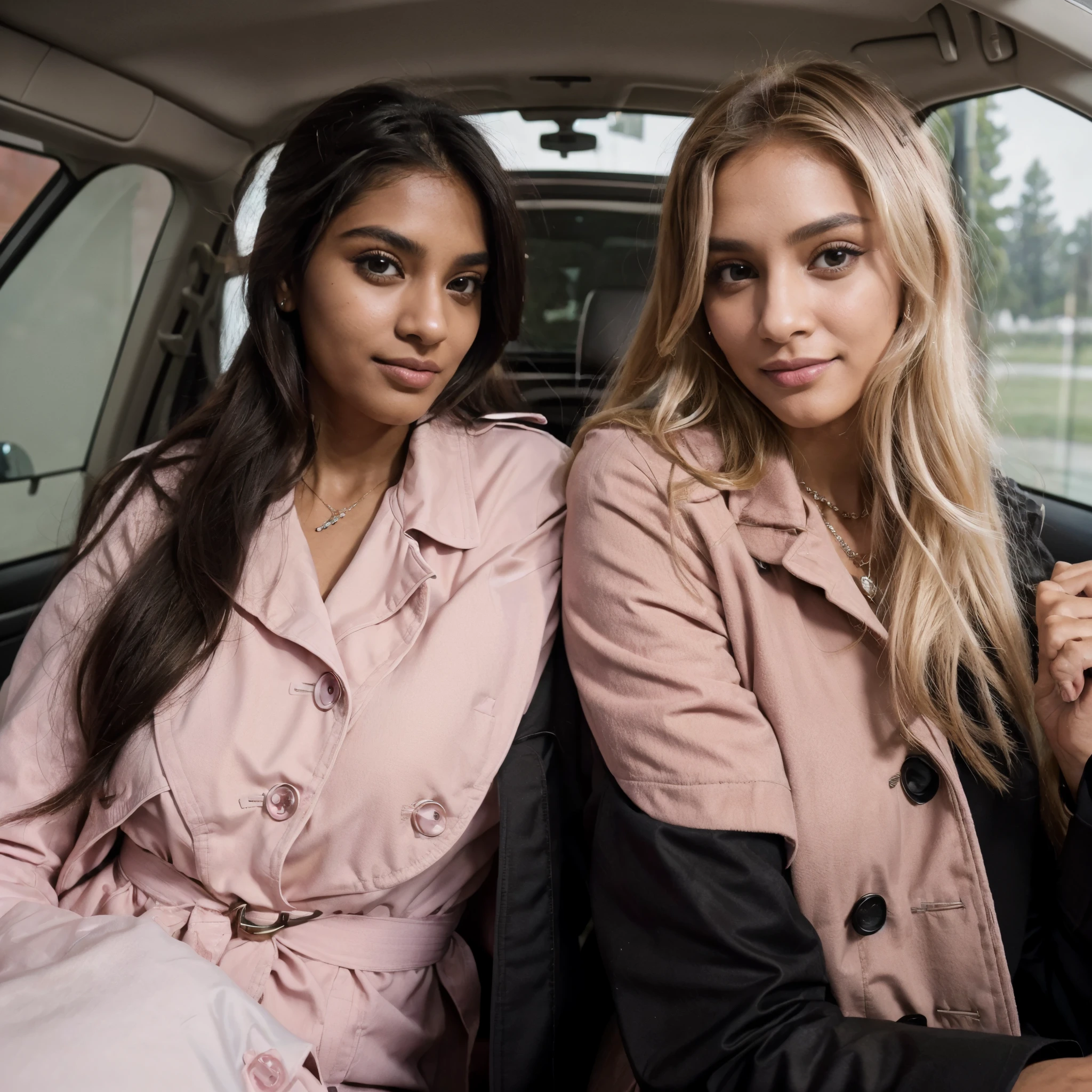 (Full size view:1.4), 22-year-old dark Sri Lankan woman named Kasuni and, her pure white Canadian mother blonde named Celestia, (riding in passenger seats, luxury car), smiling at camera, (detailed background) ((Celestia a white Canadian blonde 48-year-old woman, aged look)), ((Kasuni 22-year-old, solid black long ponytail hair, dark fair skin)), ultra-realistic photo, feminine features (both have same facial components), ((Pink color winter trench Coats, jewelry))