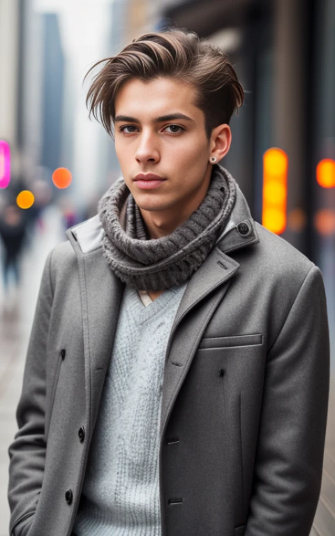best quality, ultra photorealistic, photorealism, 8k, photograph, photo of a young man, jacket, ear studs, gray scarf, sweater, short windswept light brown hair, fit, beautiful, (effeminate), (shaved), eyeliner, standing on the walkway, background a crowded street, bokeh, rain, humid, overcast, artificial lights, detailed face and eyes, higly detailed skin, 8k uhd, sharp focus, professional, best quality naked