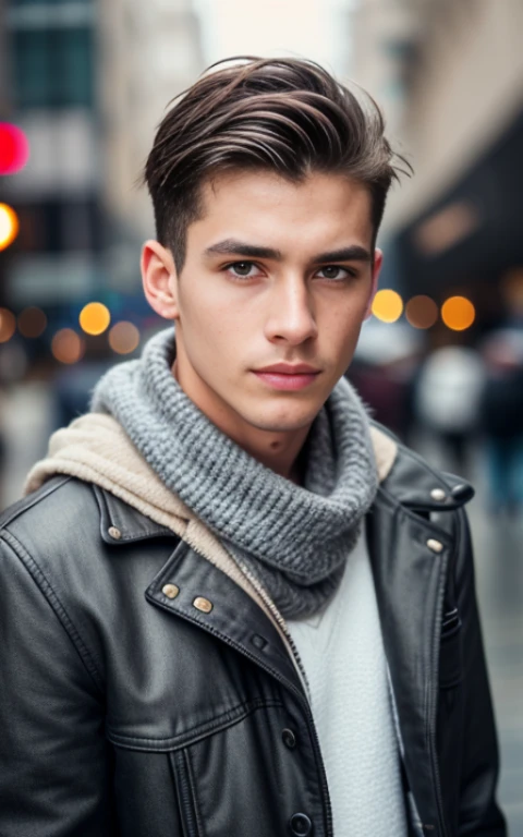 best quality, ultra photorealistic, photorealism, 8k, photograph, photo of a young man, jacket, ear studs, gray scarf, sweater, short windswept light brown hair, fit, beautiful, (effeminate), (shaved), eyeliner, standing on the walkway, background a crowded street, bokeh, rain, humid, overcast, artificial lights, detailed face and eyes, higly detailed skin, 8k uhd, sharp focus, professional, best quality naked