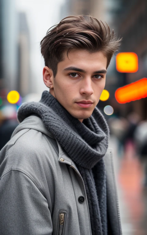 best quality, ultra photorealistic, photorealism, 8k, photograph, photo of a young man, jacket, ear studs, gray scarf, sweater, short windswept light brown hair, fit, beautiful, (effeminate), (shaved), eyeliner, standing on the walkway, background  a crowded street, bokeh, rain, humid, overcast, artificial lights, detailed face and eyes, higly detailed skin, 8k uhd, sharp focus, professional, best quality naked