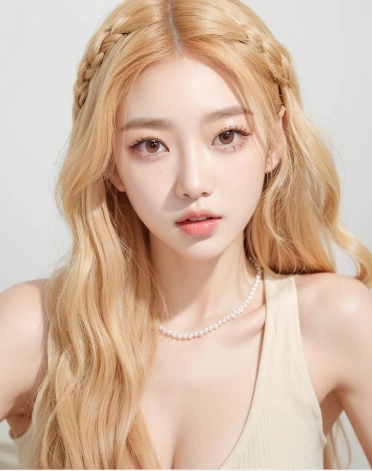 un primer plano de una mujer con cabello largo y rubio con un vestido blanco, maquillaje coreano popular, maquillaje popular de Corea del Sur, Jinyoung Shin, Jaeyeon Nam, Retrato de Jossi de Blackpink, Kim Doyoung, Heonhwa Choe, Taejune Kim, Parque Roseanne de Blackpink, ulzzang, Retrato de Kpop Idol, Hermosa joven coreana, Sun Yunjoo