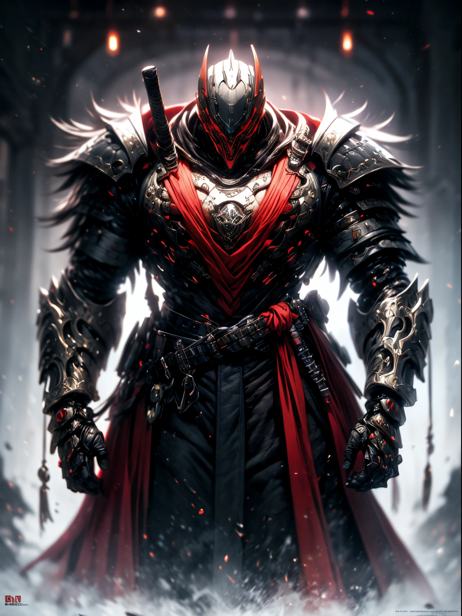 ((top-quality)), ((masterpiece)), ((ultra-detailliert)),(8k wallpaper:1.2),(Ultra-high resolution:1.2),(masterpiece:1.1),wallpaper,High quality,(High detail),(absurdres, highres, ultra detailed),( best quality:1.2),(dark souls character:1),1 man, Cybernetic knight, wearing a futuristic mouth mask, wearing a red black and white samurai armour, concept art for a character, surrounded by dead samurai,dark souls,gritty,dark fantasy, highest quality digital art, wallpaper 8k, full body camera view
